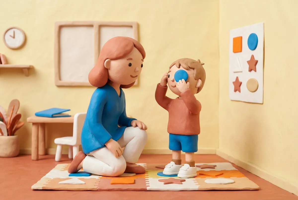 Orthoptiste réalisant un test de vision avec un cache-œil auprès d'un jeune enfant
