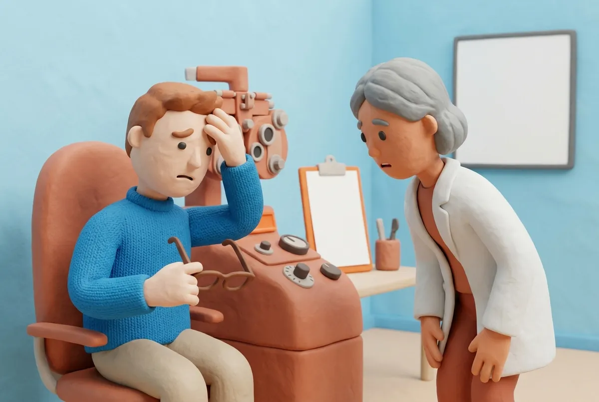 Patient se tenant le front, des lunettes neuves à la main, face à son orthoptiste