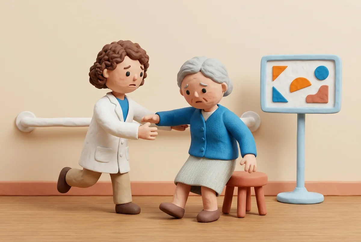 Orthoptiste rattrapant une patiente âgée qui perd l'équilibre pendant une séance