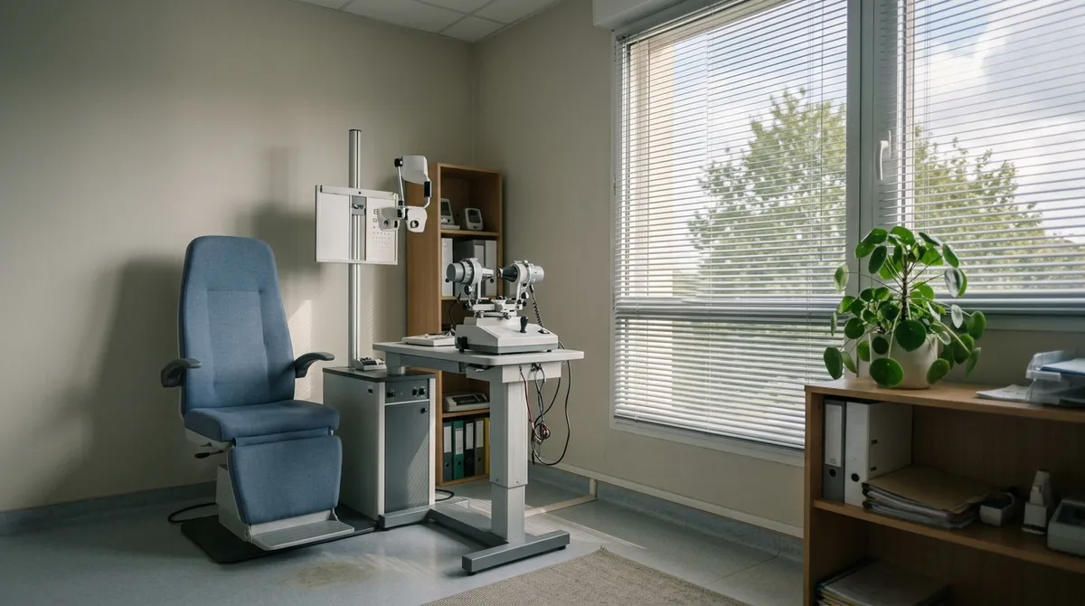 Cabinet d’orthoptie vide avec appareils de mesure de la vision