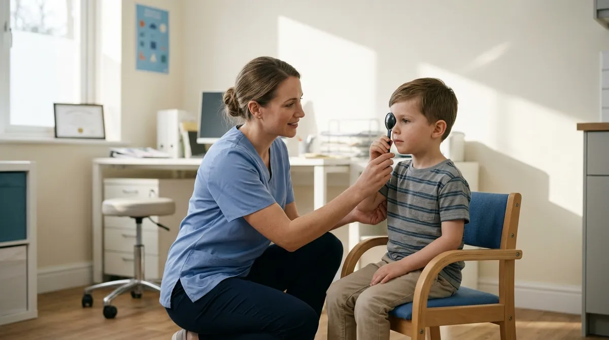 Orthoptiste réalisant un dépistage visuel auprès d’un jeune enfant